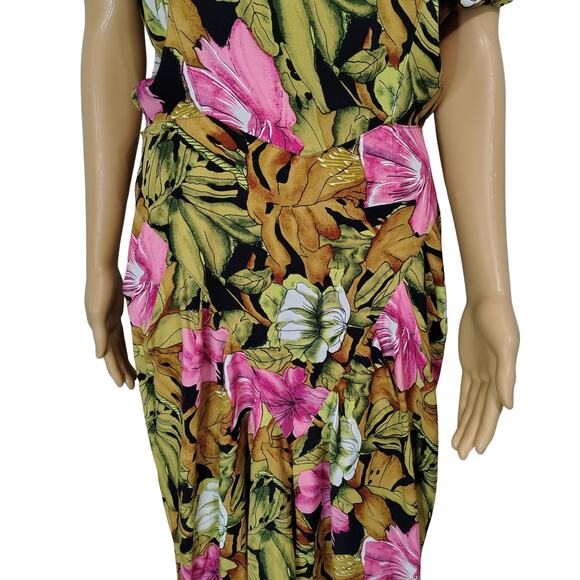 1980s April Rain Tropical Wiggle Dress Shoulder Pads Button Up Back Size Small - Picture 9 of 11